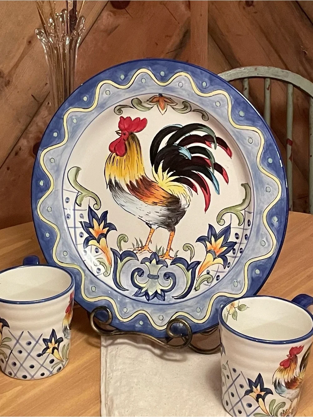 Hand-Painted Rooster Ceramic Dinner Plate - Blue Accent